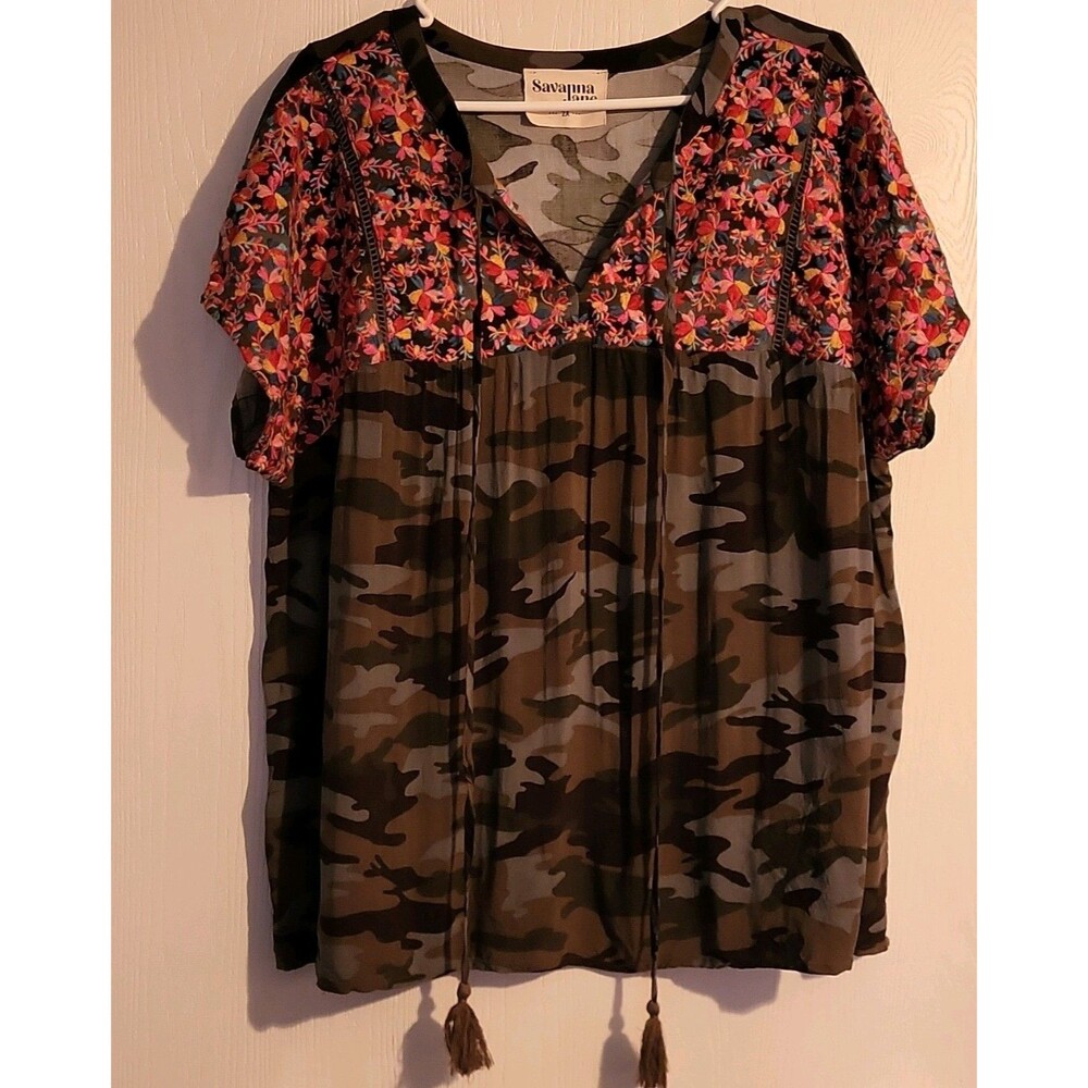 Savanna Jane Camo Floral Embroidered Tassel Top Boho Rayon 2X